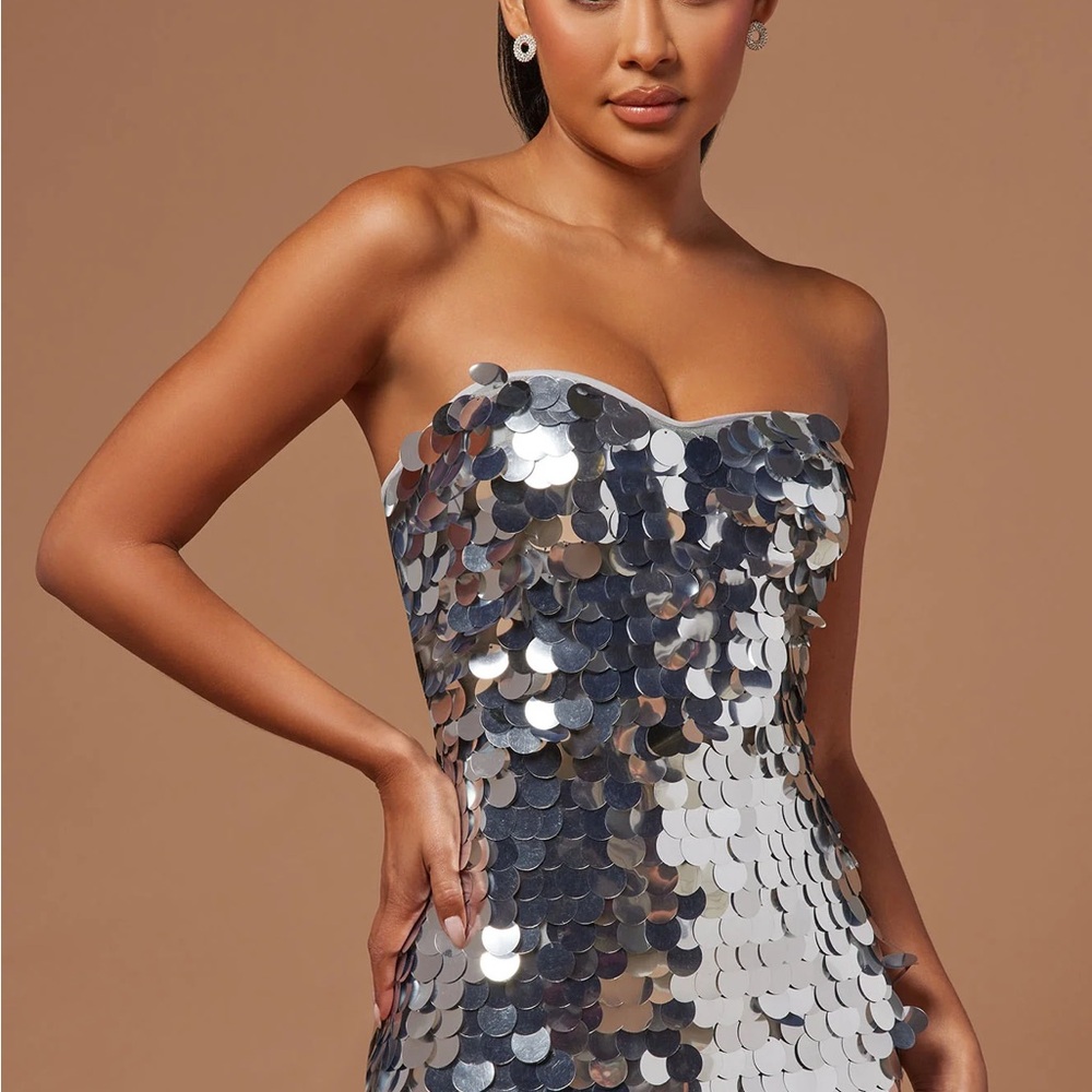 Silver Sequin Strapless Dress